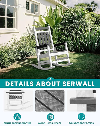 SERWALL Outdoor Rocking Chair, HDPE Rocking Chairs for Adult, All Weather Porch Rockers for Lawn Garden, Gray & White