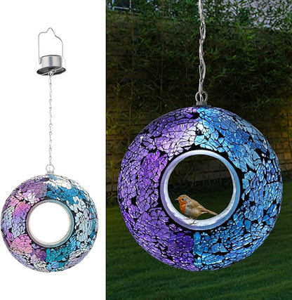 VCUTEKA Mosaic Bird Feeder Solar Fly Through Birdfeeder for Outside Hanging Round Shape Glass Container to Attract More Wild Bird Feeders for Garden Decor as Gift for Bird Lovers, 8-Inch