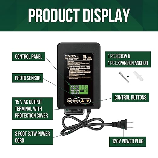 GKOLED 60W Low Voltage Landscape Transformer, Outdoor Landscape Lighting Transformer with Photocell Sensor and Timer, 120V AC to 12V AC for LED Lights, Weatherproof, Heavy-Duty, ETL Listed