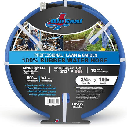 BluSeal Hot/Cold Water Rubber Garden Hose, 100% Rubber, Ultra-Light, Super Strong, 500 PSI, 50F to 190F Degrees, High Strength Polyester Braided (3/4" x 100')