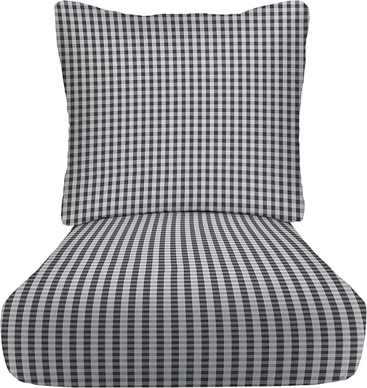 RSH DECOR Deep Seating Cushion with Pillow Back | 25” x 25.5” Seat | Water and Fade-Resistant Spun Fabric | Outdoor Chair Cushion Set for Patio Furniture | Dawson Pewter Black Plaid