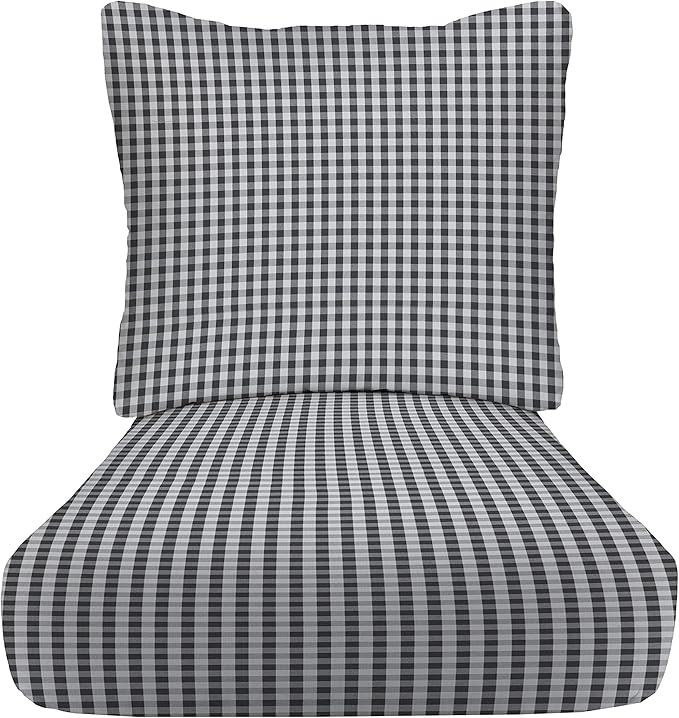 RSH DECOR Deep Seating Cushion with Pillow Back | 24” x 23” Seat | Water and Fade-Resistant Spun Fabric | Outdoor Chair Cushion Set for Patio Furniture | Dawson Pewter Black Plaid