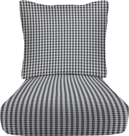 RSH DECOR Deep Seating Cushion with Pillow Back | 24” x 26” Seat | Water and Fade-Resistant Spun Fabric | Outdoor Chair Cushion Set for Patio Furniture | Dawson Pewter Black Plaid