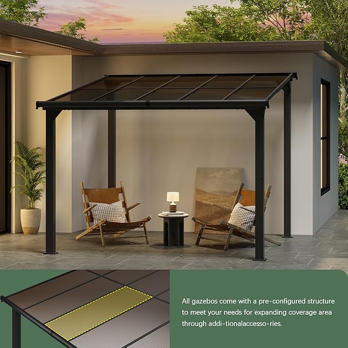 Gazebo, Wall Mounted Gazebos on Clearance, Outdoor Lean to Gazebo Awnings for Patio, Deck, Porch, Backyard (10 x 10)