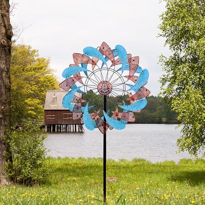 Viveta Large Wind Spinner for Yard and Garden，87.8”H *24.75" D Blue and Copper Colors Metal Outdoor Wind Sculptures & Spinners for Patio Lawn Outdoor Yard Lawn Garden