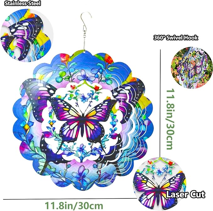 Wind Spinners Butterfly Art12 inch 3D Stainless Steel Laser Cut Metal Art Geometric Pattern Wind Sculpture Hanging for Garden Decorations Gifts Indoor Outdoor