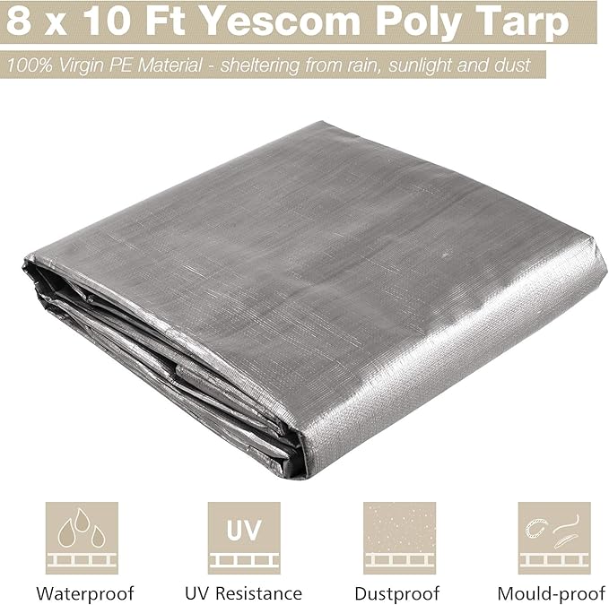 Yescom 10x8 Ft Tarp Waterproof 10 Mil Protective Cover Poly Tarpaulin Reversible Silver Black Tarps