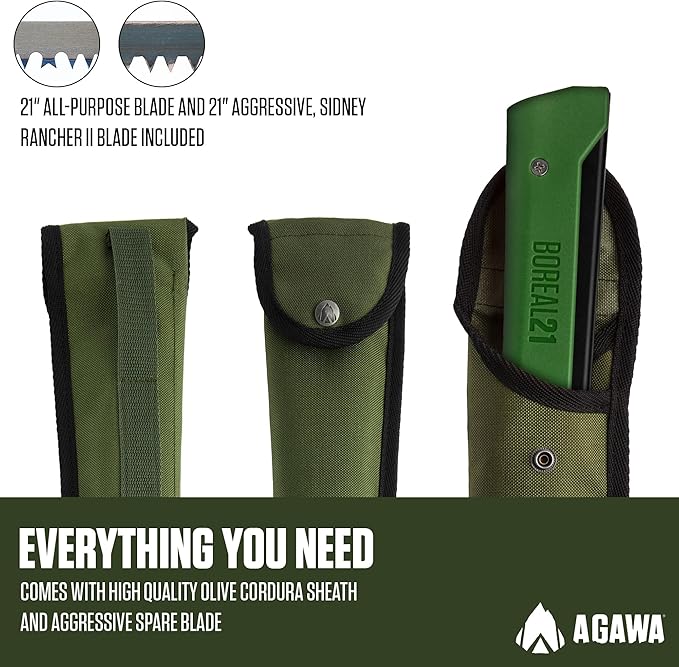 AGAWA - BOREAL21 Tripper Kit - Includes 21" Folding Saw, Nylon Carrying Case, 21" All-Purpose & 21" Aggressive Blade - For Camping, Hiking & Survival Gear (Black Frame/Green Handle)