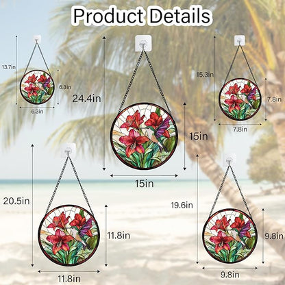 Stained Glass Window Hanging - Hummingbird On Red Lily Flower Sun Catcher for Door Garden Decor Suncatcher Christmas Mother's Day Birthday Gifts for Bird Lovers Women Men Mom Nana 9.8 in