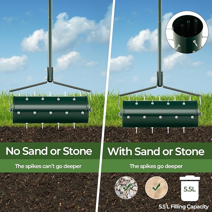 IRONMAX Rolling Lawn Aerator, Sand/Stone Filled Manual Dethatching Soil Aerating Push Tool with Ergonomic Handle, Grass Aerator Lawn Tool for Yard, Garden, Lawn Health Care (18''W x 51''H)