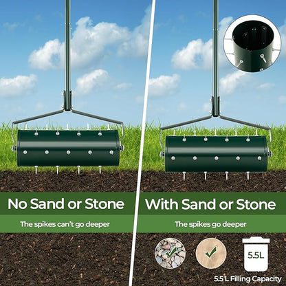 IRONMAX Rolling Lawn Aerator, Sand/Stone Filled Manual Dethatching Soil Aerating Push Tool with Ergonomic Handle, Grass Aerator Lawn Tool for Yard, Garden, Lawn Health Care (18''W x 51''H)