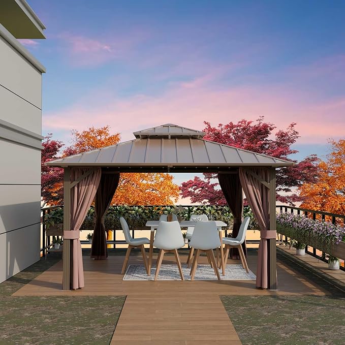 10'x14' Hardtop Gazebo, Outdoor Aluminum Frame Galvanized Steel Double Roof Pavilion with Netting and Shaded Curtains, Permanent Metal Pergolas for Patio, Backyard, Deck and Lawns.