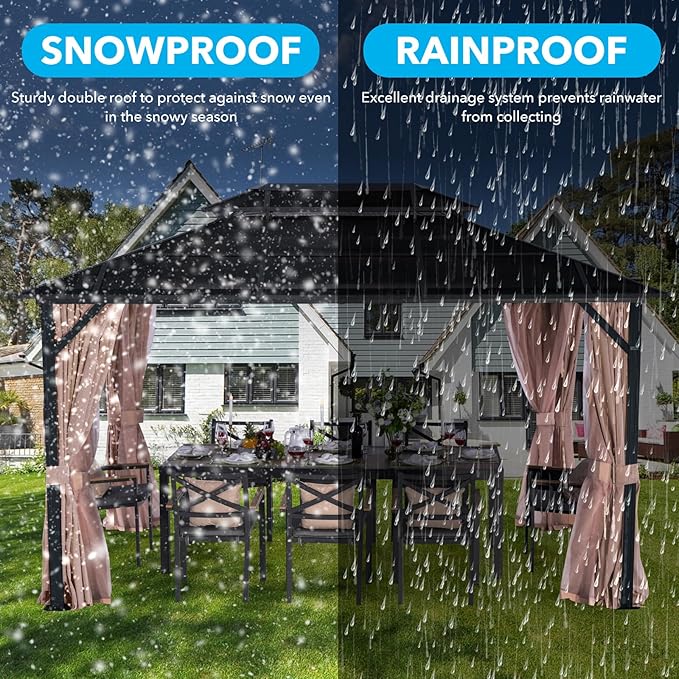 LeDoasis 10' X 13' Permanent Hardtop Gazebo, Outdoor Polycarbonate Double Roof Canopy with Breathable Netting & Privacy Curtain for Patio Backyard Garden Lawn Party