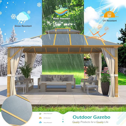 12'x14' Gazebo, YOLENY Outdoor Wood Grain Hardtop Gazebos on Clearance, Aluminum Composite Double Roof with Privacy Curtain and Mosquito Net for Patio, Lawn, Garden, Deck, Gray