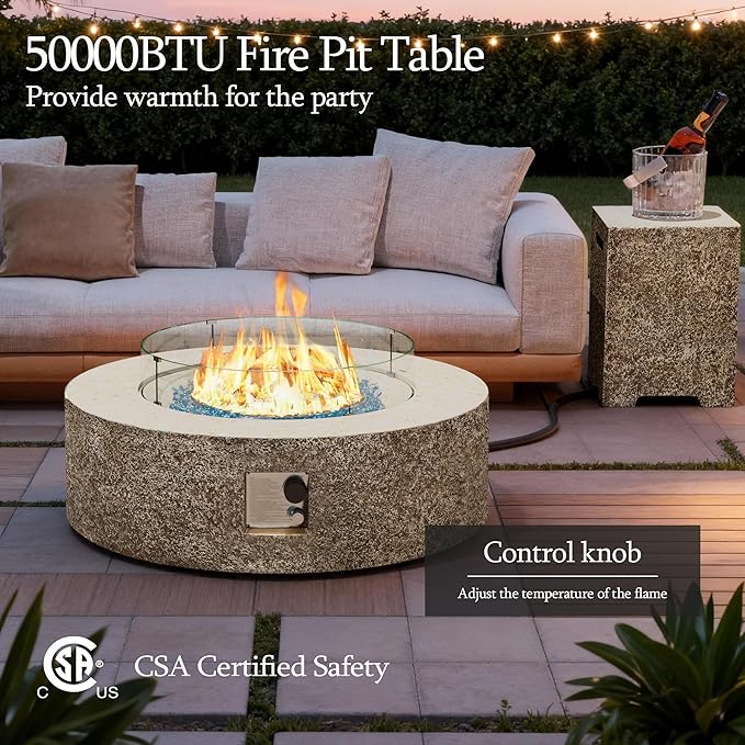 UPHA 42-inch Outdoor Propane Gas Fire Pit Table 50000 BTU Concrete Rectangle FirePit for Outside Patio with Propane Tank Cover, Wind Guad, Blue Glass Rocks, Rain Cover, Beige Texture
