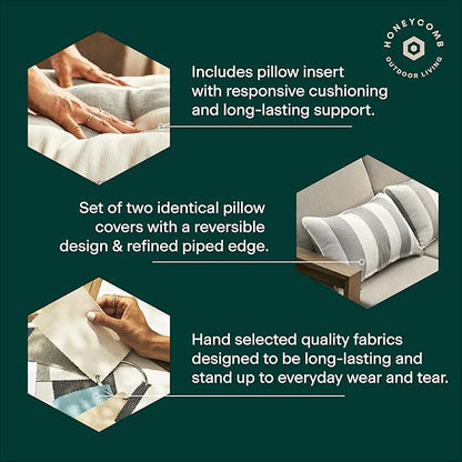 Honeycomb Outdoor Lumbar Pillow 2-Pack, 22 x 12, Stripe Pine Green Throw Pillows for Patio Furniture
