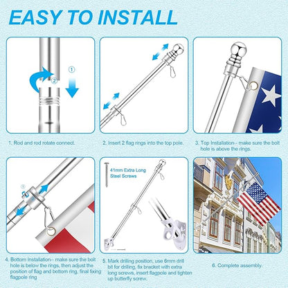 7 FT 1 Inch Spinning Flag Pole Kit for Outside House Porch Residential Wall Mounting, Stainless Metal Flag Poles for 3x5 4x6 Flag with 2-Position Holder Bracket, Rotating Flagpole Rings (7 FT, Silver)