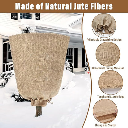 Riare 4 Packs 40 × 47 Inch Burlap Winter Plant Cover Bags with Drawstring- Reusable Large Burlap Sack Plant Frost Protector, Plant Frost Cloth Cold Tree Freeze Blanket for Outdoor Plants Fruit Shrubs