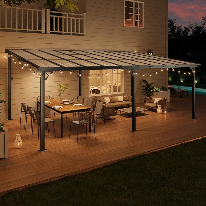 10x20FT Lean to Gazebo, Hardtop Metal Pergola with Polycarbonate Roof, Large Wall Mounted Heavy Duty Awnings, Patio Canopy for Backyard, Deck, Porch