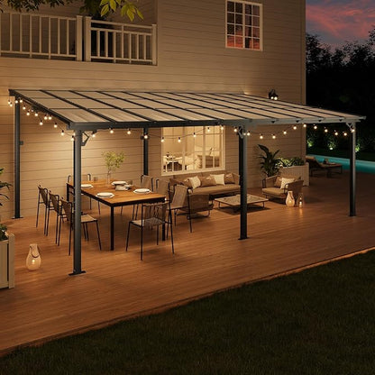 10x20FT Lean to Gazebo, Hardtop Metal Pergola with Polycarbonate Roof, Large Wall Mounted Heavy Duty Awnings, Patio Canopy for Backyard, Deck, Porch