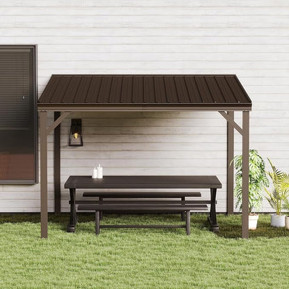 Domi 10’x10’ Wall-Mounted Hardtop Gazebo Pergola – Permanent Lean-to Outdoor Shelter with Sloped Galvanized Steel Roof & Upgraded Drainage – Grey Metal Patio Cover for Backyard, Deck, Garden, Brown