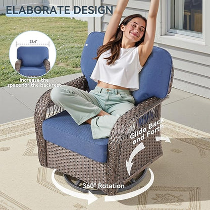 6 Pieces Patio Furniture Set Outdoor Sectional Sofa Couch with Rocking Swivel Chairs 5" Deep Seat Chairs, 2 Sofa Sets Modern Wicker Rattan Conversation Set, Blue/Brown Wicker