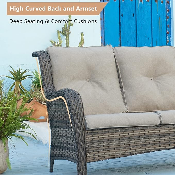 HUMMUH Outdoor Loveseat Sofa 2-Seat PE Rattan Patio Love Seat with Cushions,Deep Seat High Curved Back Armset Sectional Couch for Patio,Garden,Yard,Porch