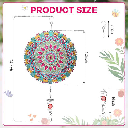 12 Inch Mandala Wind Spinners with Gazing Ball Spiral Tail, Outdoor 3D Stainless Steel Hanging Spinner Mandala Wind Catchers Sculpture for Indoor Outdoor Garden Yard Decoration (Flower)