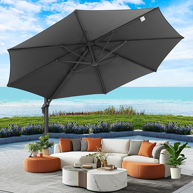 Hotime 10ft Patio Umbrella Outdoor Patio Windproof and Height adjustable, Heavy Duty Aluminum Round Offset Patio Umbrella Cantilever Pool Umbrella with 360°Rotation for Garden Deck Pool, Gray