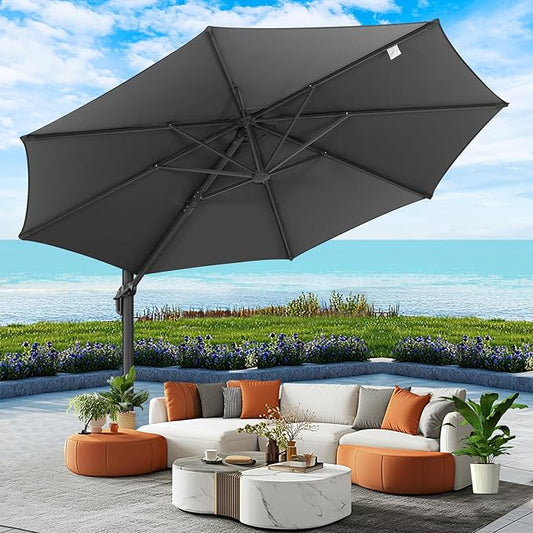 Hotime 10ft Patio Umbrella Outdoor Patio Windproof and Height adjustable, Heavy Duty Aluminum Round Offset Patio Umbrella Cantilever Pool Umbrella with 360°Rotation for Garden Deck Pool, Gray