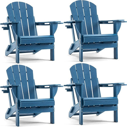 Folding Adirondack Chair, HDPE Outdoor Texture Lawn Chair with Reclining Back, Cup and Phone Holder - Comfortable Firepit Chair Weather Resistant for Patio or Backyard (Blue, Set of 4)