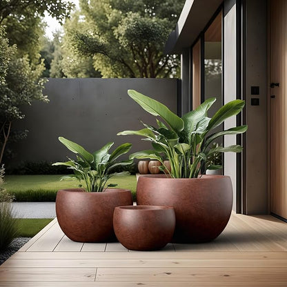 Kante 19.9",15.7",11.8" Dia Round Concrete Planter Set of 3, Outdoor/Indoor Large Bowl Plant Pots with Drainage Hole and Rubber Plug for Garden Patio Balcony Home, Rusty