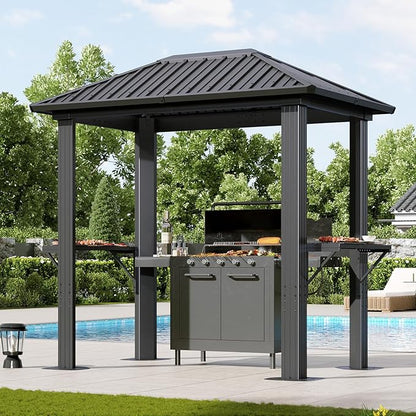 Aoxun Grill Hardtop Gazebo 5 x 8 FT, Outdoor Metal Hard Top Gazebo, Permanent BBQ Pavilion with Galvanized Steel Roof, Aluminum Pavilion with Shelves for Lawn, Garden, Patio, Backyard (Dark)