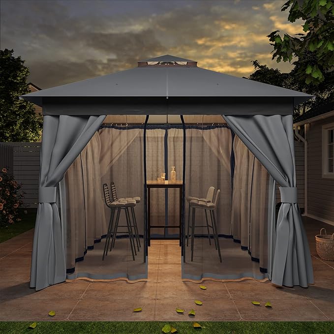 Outdoor Patio Gazebo 8FT, Heavy Duty Party Tent & Shelter with 2-Tier Roof and Expansion Bolts, Mosquito Nettings and Privacy Screens for Backyard, Garden, Poolside, Gray