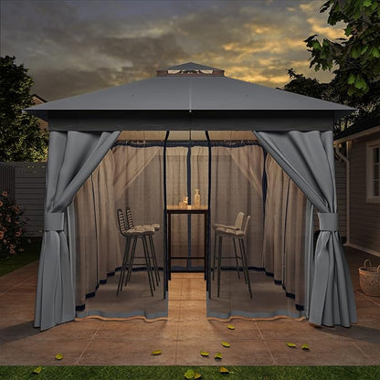 Outdoor Patio Gazebo 8FT, Heavy Duty Party Tent & Shelter with 2-Tier Roof and Expansion Bolts, Mosquito Nettings and Privacy Screens for Backyard, Garden, Poolside, Gray