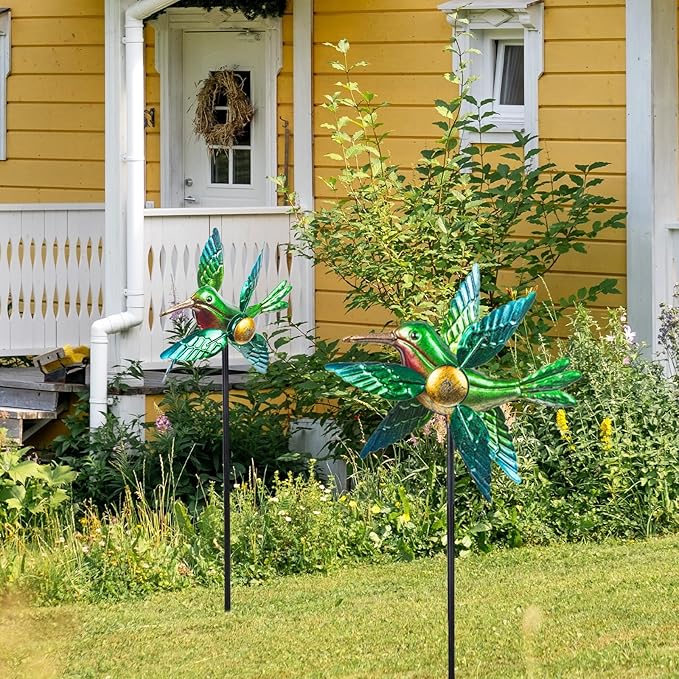 WONDER GARDEN Wind Spinners Outdoor - 2 Pack Small Metal Hummingbird Green Wind Spinner Windmill, Wind Sculpture for Yard Patio Lawn Decor