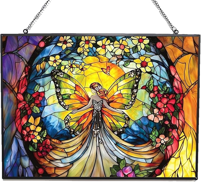 Personalized Rectangle Butterfly Fairy Stained Glass Suncatcher Stained Glass Window Hanging Home Decor Garden Halloween Christmas Wedding Housewarming Gifts