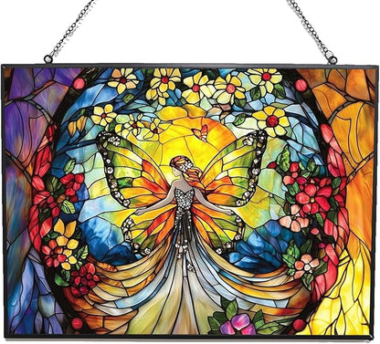 Personalized Rectangle Butterfly Fairy Stained Glass Suncatcher Stained Glass Window Hanging Home Decor Garden Halloween Christmas Wedding Housewarming Gifts