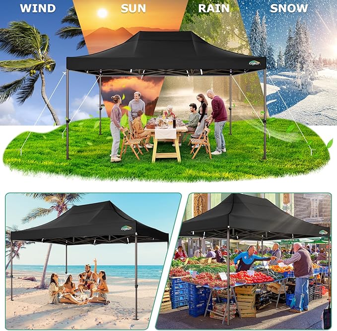 COBIZI 10x15 Pop Up Heavy Duty Canopy with Upgrated Hexagonal Legs, Easy up Tent for Parties, Commercial and Wedding, Outdoor Canopy with Roller Bag, Sand Bags, Waterproof & UPF50+ (Black)