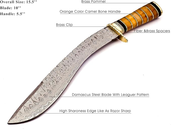 Delta :Handmade Damascus steel 15" Kukri knife-Damascus Steel Knife-for Outdoor & indoor Survivals, Best for Hunting,Camping With Original Camel Bone Handle