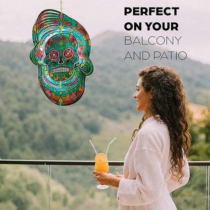 Skylar 3D Color Gradient Calavera Skull Wind Spinner, 12-Inch Day of The Dead Wind Spinners Outdoor Clearance, Kinetic Stainless Steel Decor for Patio and Home, Powered by Air