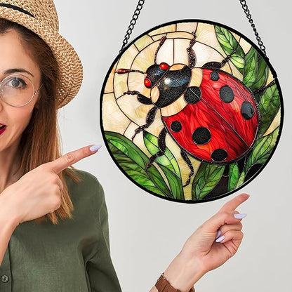 Stained Glass Window Hanging - Red Seven-Spotted Ladybug Sun Catcher for Door Home Decor Insect Suncatcher Christmas Mother's Day Birthday Gifts for Women Men Mom Nana 9.8 in