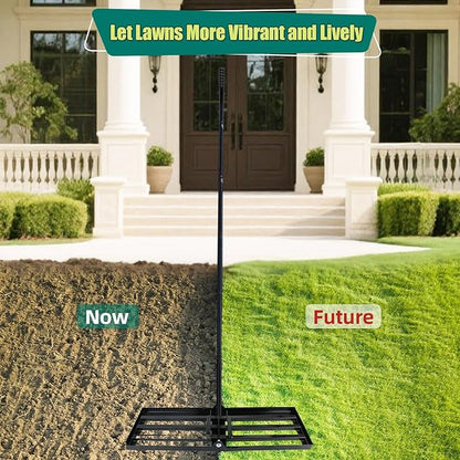 Lawn Leveling Rake 17 x 10 Inch Stainless Steel Heavy Duty Ground Leveler, Flipping-Resistant Smooth Edge, Adjustable Handle 28–60 Inches for Backyard Landscape, Garden, Golf Course, Farm, Pasture.