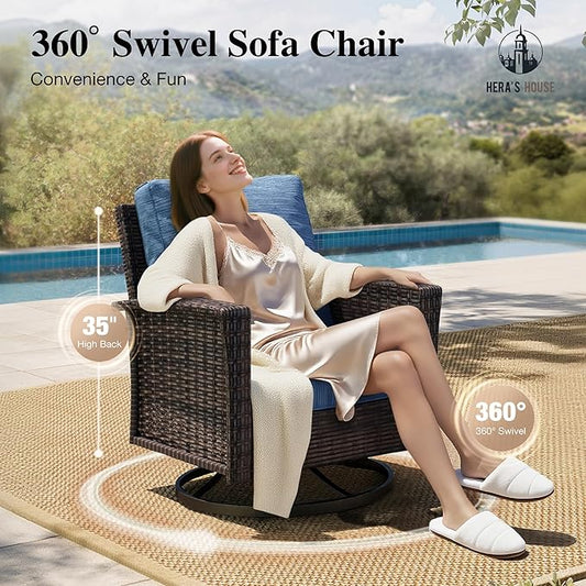 HERA'S HOUSE Patio Furniture Set, 4 x High Back Swivel Chairs with 5.5" Comfy Cushions, 6 Pieces Outdoor Wicker Conversation Set for Lawn Deck Backyard, Navy Blue