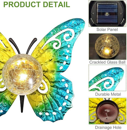 Solar Lights Outdoor Garden Butterfly Decor, Metal Butterfly Statue Decoration with LED Crackle Glass Globe, Solar Powered Lighted Garden Art Decor for Patio Lawn Yard Pathway Tabletop Ground