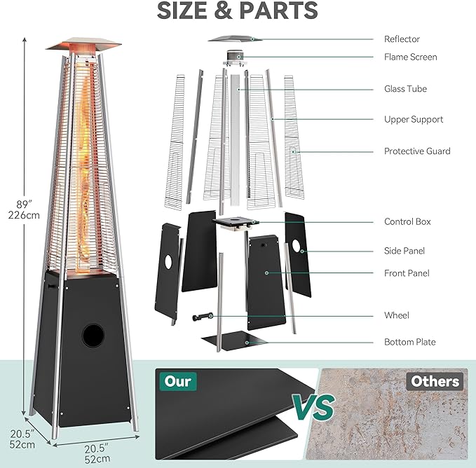 YITAHOME Pyramid Patio Heater with Quartz Flame Tube, 42,000–48,000 BTU Outdoor Propane or Gas Heater with Wheels and Cover, and Auto Shut-Off Protection for Backyards, Gardens, Bars, Black