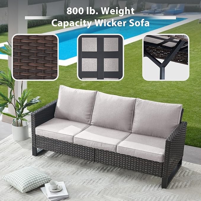5 Piece Wicker Patio Furniture Set - Outdoor Swivel Rocker Chairs Set with 3 Seat Sofa and Ottomans, Small Patio Conversation Sets Proch Furniture for Balcony Deck - Brown/Beige