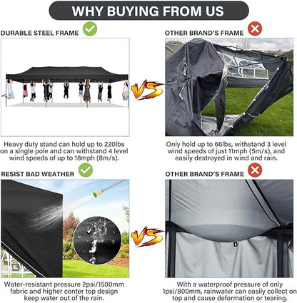 COBIZI 10x30 Pop Up Canopy with 8 Sidewall,Heavy Duty UPF 50+ All Season Wind Waterproof Commercial Outdoor Wedding Party Tents for Parties Canopy Gazebo with Roller Bag(10 x 30 ft Black)