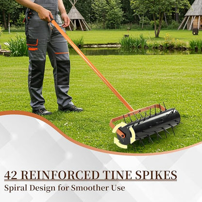 VINGLI Lawn Aerator, 17 inch Heavy Duty Lawn Aerator Tool, Rolling Aerator Lawn Tool with 42 Spikes for Garden Yard Patio Maintaining, Orange & Black