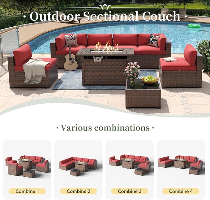 Aoxun 8 Piece Patio Furniture Set with 44” Fire Pit Table Wicker Rattan Outdoor Sectional Sofa Set with Coffee Table and Thickened Cushions, Red (Waterproof Cover Included)
